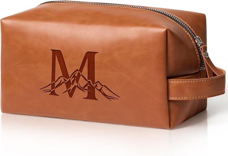 Aganmi Personalized Gifts Travel Toiletry Bag for Men Engraved Initial PU Leather Waterproof Shaving Bag for Toiletries Accessories Fathers Day Birthday Gift for Men Dad Husband Son, Light Brown M - Image 1